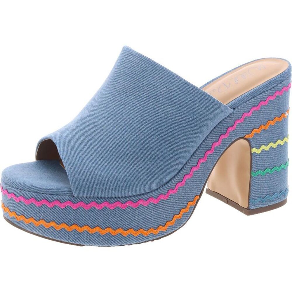 Wild Pair Blue Denim Platform Mules with Multicolor Rickrack